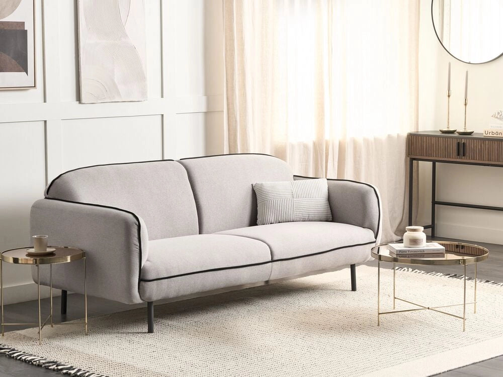 Divano a 3 posti Tessuto boucle bianco Morbido Nubby Gambe in metallo Bordi decorativi neri Stile retro Glam Art Decor