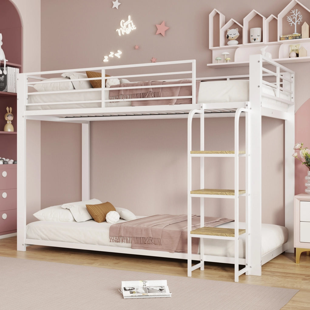 Letto a castello 90x200 cm in MDF e metallo bianco e noce con scala integrata e sponde di sicurezza