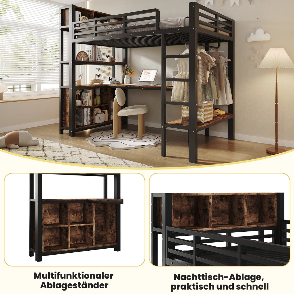 Letto a soppalco con tavolo, appendiabiti e scaffali, 90x200 cm, nero