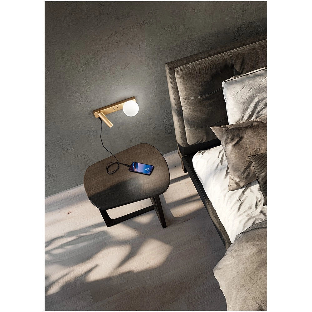 Fog - Applique da Comodino con USB e USB-C, Led 3W + G9, Sfera Bianca, 3000K, Corpo Orientabile, Diffusore in Vetro - Perenz - Oro