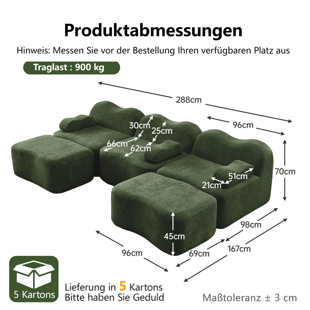 Divano modulare a U con 2 pouf 288x167x70 cm in velluto verde; seduta profonda