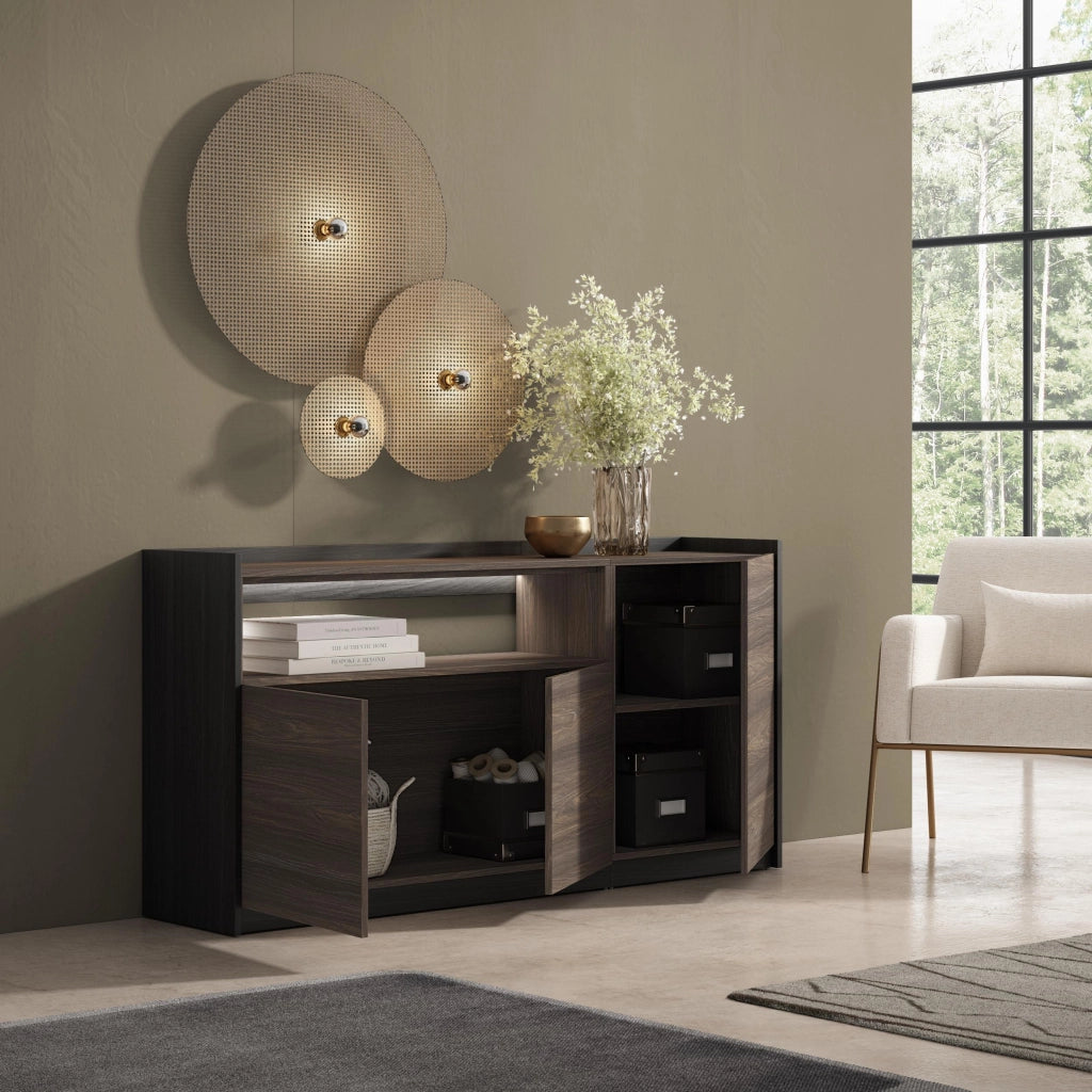 Credenza, Mobile, Cucina, 156x80x37 cm, 3 Porte, LED, Rovere scuro e Nero