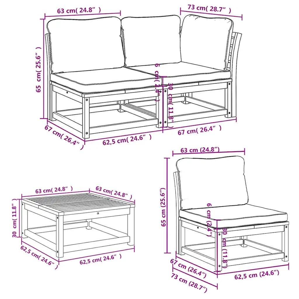 Set Salotto da Giardino 5 pz con Cuscini Legno Massello Acacia