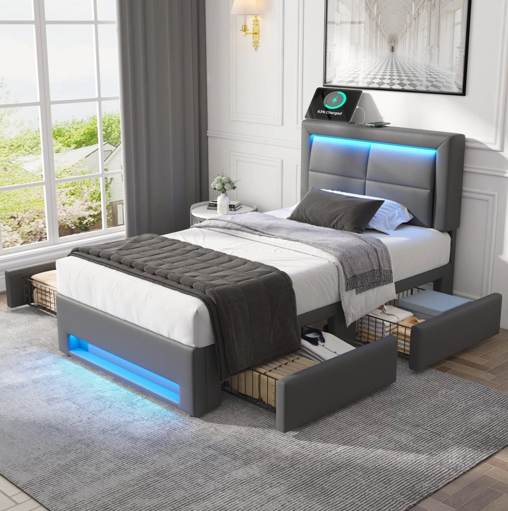 Letto imbottito 90 x 200 cm grigio con LED, USB e 4 cassetti