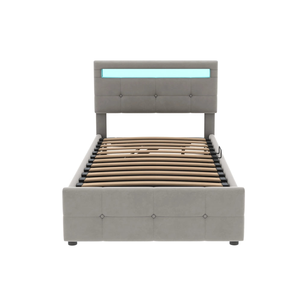 Letto imbottito singolo 90x200 cm con LED; contenitore idraulico e testiera regolabile; velluto grigio