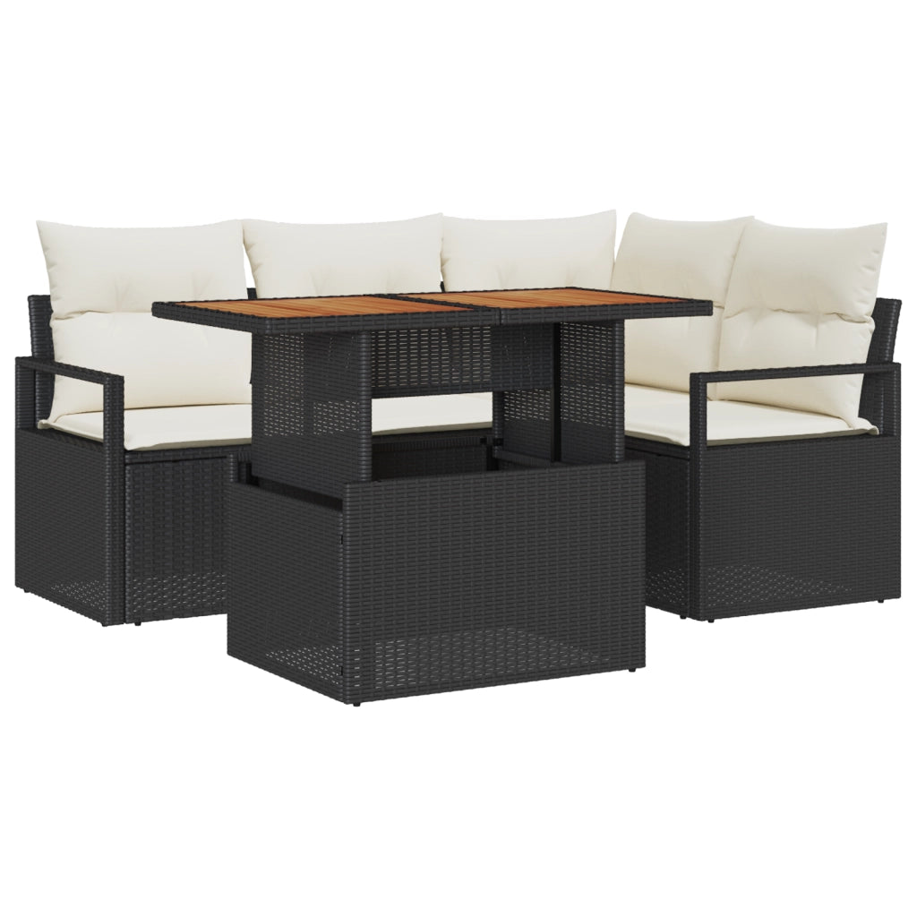 Set Giardino  5 Pezzi con Cuscini Rattan Polyrattan Nero Acacia