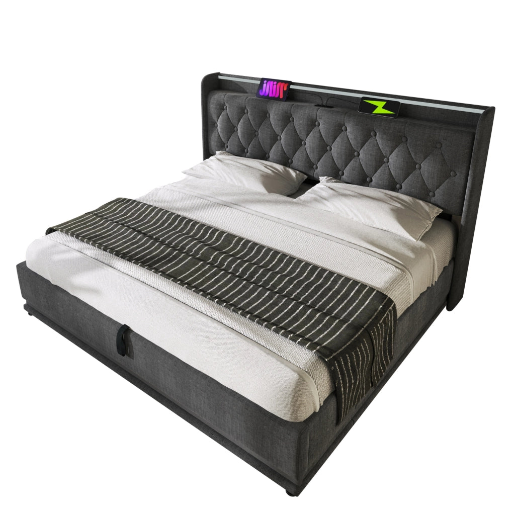 Letto matrimoniale 140x200 cm in lino grigio con LED 360; contenitore idraulico e porte USB