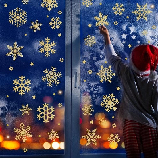 Decorazione per finestre a forma di fiocco di neve, immagini di fiocco di neve per finestre, decorazione per finestre rimovibile, adesivi PVC statici in oro per decorazione per finestre di Natale, porte, vetrine, vetrate.