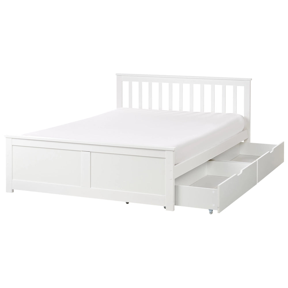 Letto matrimoniale Legno di Pino bianco con Rete a Doghe con 4 cassetti 140 x 200 cm Testiera a doghe minimalista