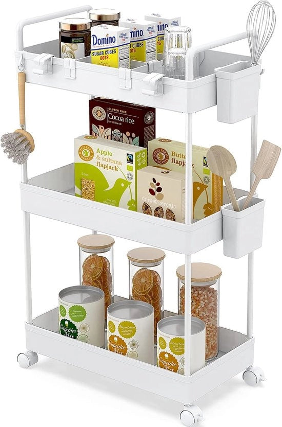 Carrello cucina a tre livelli con servizio, carrello con contenitore da appendere, separatore, ganci, ripiano su ruote per cucina, camera da letto, ufficio, bianco