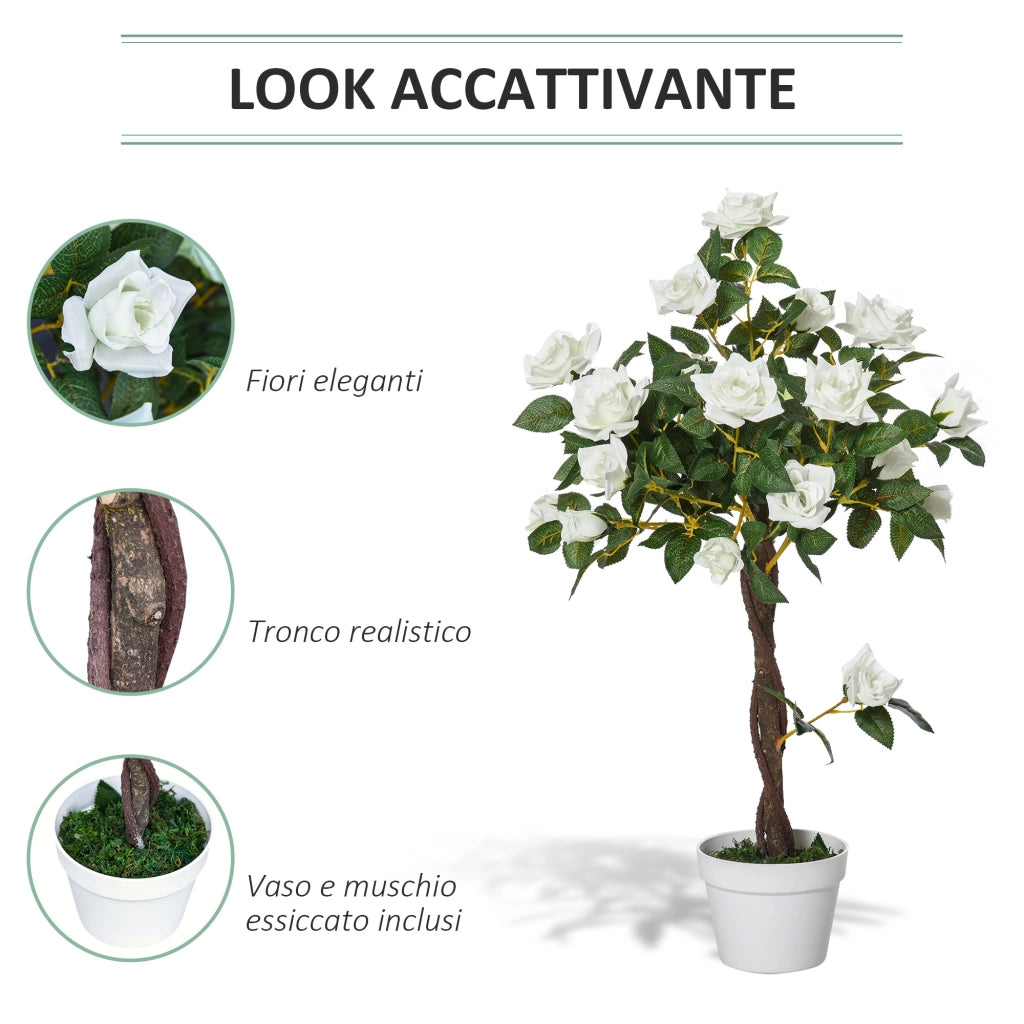 EasyComfort Pianta Finta di Rosa da 21 Fiori con Vaso Riempito in Cemento e Muschio, Pianta Artificiale in Plastica e Tessuto, Ø18x90 cm, Bianco e Verde