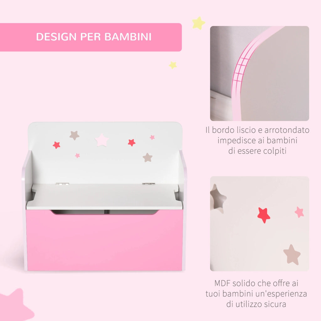 Panca Contenitore con Schienale in Legno per Bambini da 3-6 Anni, 60x30x50 cm, Rosa