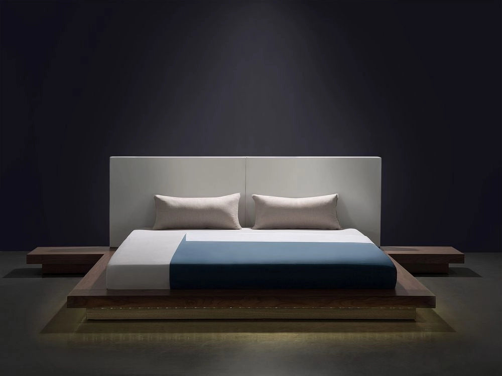 Letto LED in stile giapponese in frassino marrone 160 x 200 cm testata in legno impiallacciato MDF testata in pelliccia sintetica