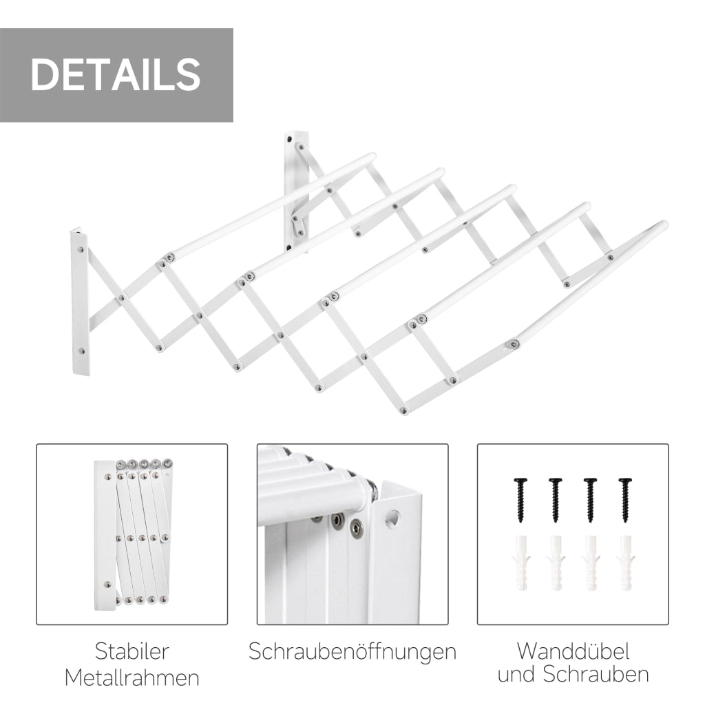 Stendibiancheria a parete, 57,5 cm, salvaspazio per interni ed esterni, in metallo, bianco, 63,5 x 60 x 20 cm