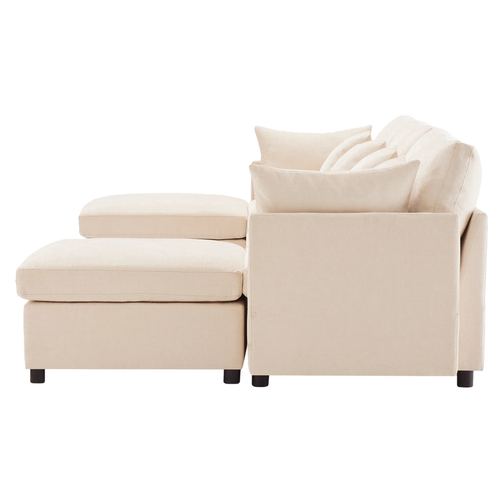 Divano modulare in chenille, trasformabile in configurazione U o L, con 2 pouf e 6 cuscini, beige