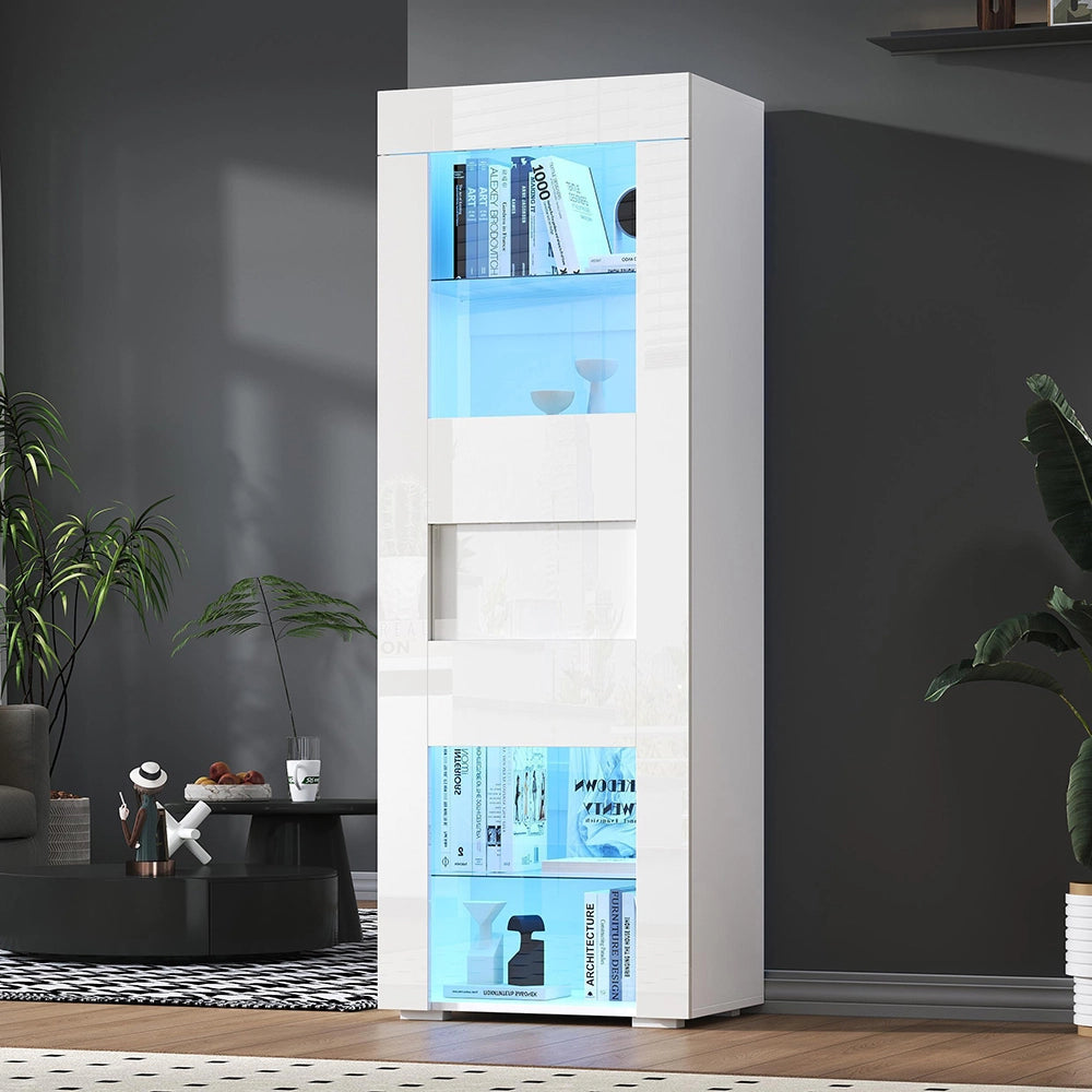 Vetrina 60x40x170 cm con LED - Xylo - 2 ripiani in vetro, ante in acrilico, armadio per soggiorno, bianco