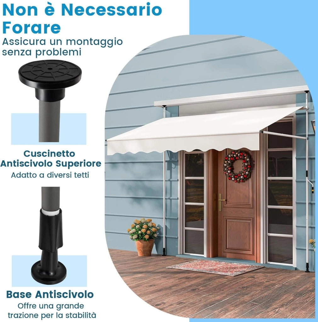 Tenda da Sole a Morsetto, Tenda per Balcone Senza Foratura Altezza e Inclinazione Regolabili con Manovella, Telo Impermeabile e Resistente ai Raggi Solari e Telaio Antiruggine (2,5M,Bianco)