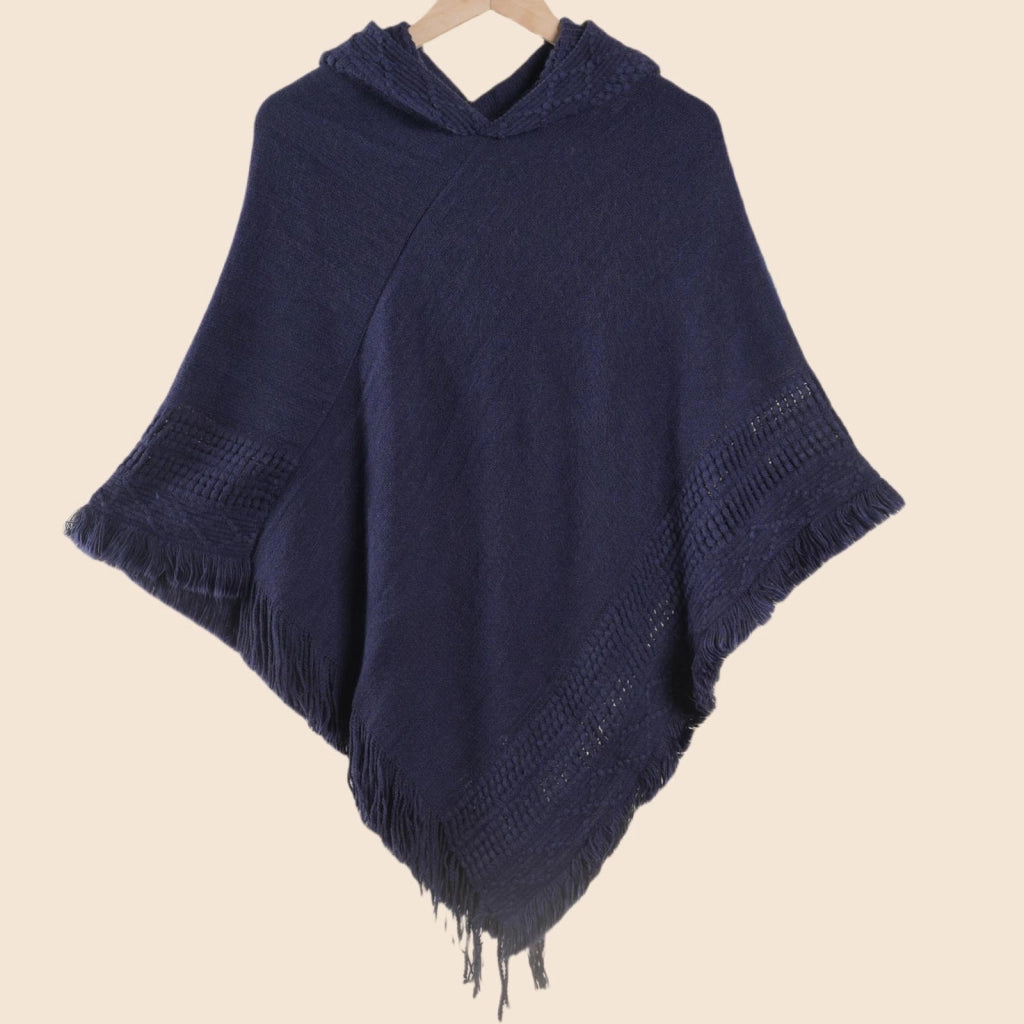 Mantella/scialle da donna con cappuccio in maglia, maglione a maglia larga, tinta unita, con nappe, mantella calda e versatile.