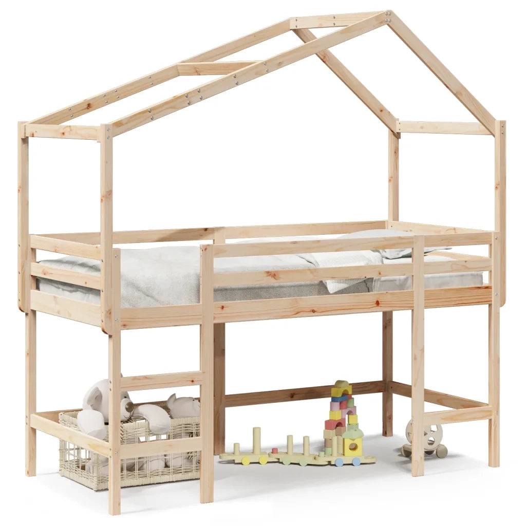 Letto Soppalco con Scala e Tetto 90x190 cm Legno Massello Pino 3282074