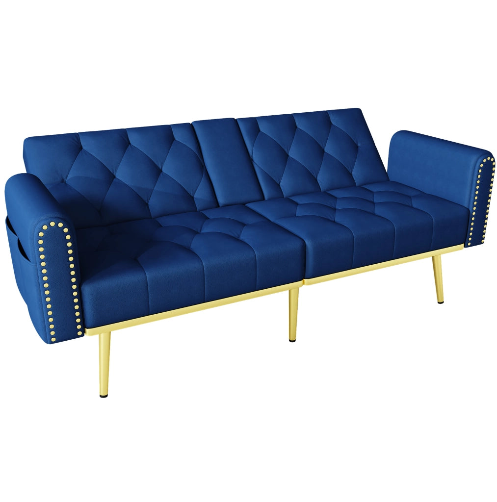 Divano letto 175x80x73，5 cm in velluto blu con portabicchieri