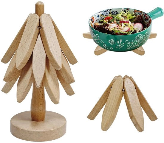 Onderzetters in forma di albero di Natale in legno, teglio anti-scottatura, sotto piatti in legno, set di sotto piatti con ripiano di archiviazione, sotto piatti con alberi in legno, tappeti da tavolo (colore legno)