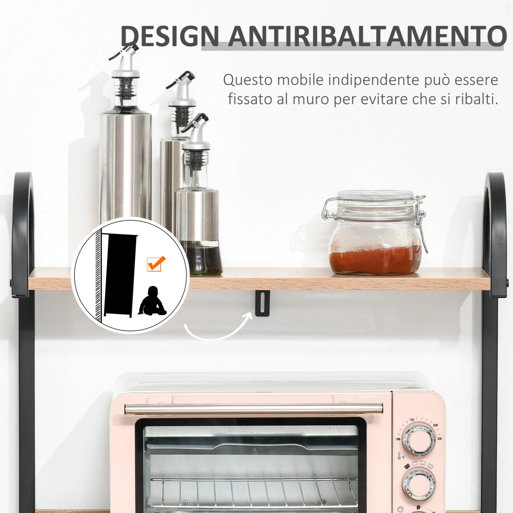 Mobiletto per Microonde con Ripiani e Ganci ¨C Zephmum ¨C Acciaio e Legno, 60x40x125 cm, Colore Legno