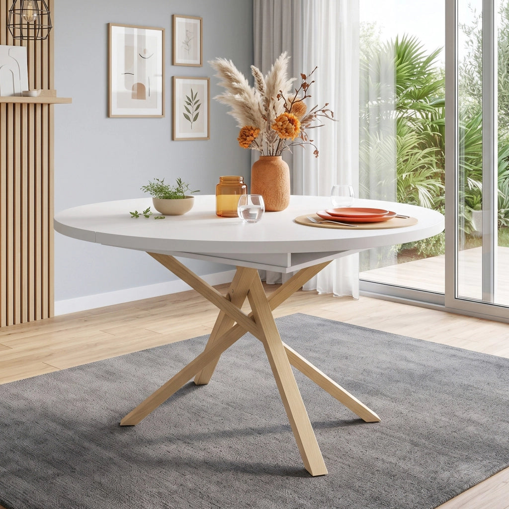 Tavolo allungabile con base a croce, struttura stabile in MDF e metallo, per sala da pranzo cucina soggiorno, bianco