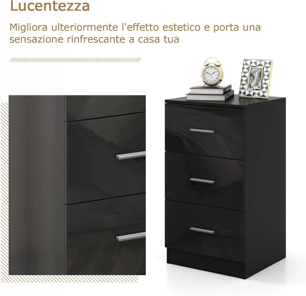 Comodino Camera da Letto 37 x 34 x 66,5cm, Cassettiera in Legno Moderno con 3 Cassetti, Mobile Salvaspazio per Soggiorno, Ufficio e Camerretta (1, Nero)