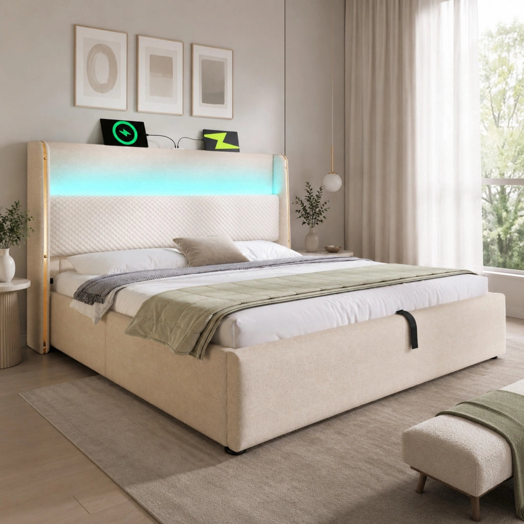 Letto matrimoniale idraulico 180x200 cm con testiera alta, LED, USB e Type-C, beige