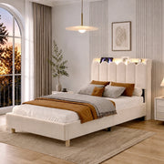 DESMIU Letto singolo 90 × 200 cm con lampada da lettura, USB e Type-C, senza materasso, in velluto beige
