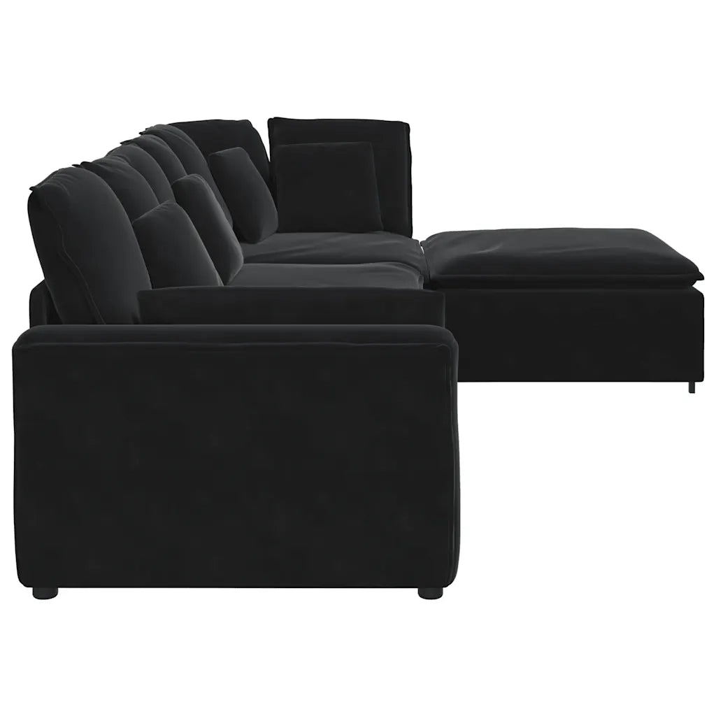 Divano Modulare con Poggiapiedi e Cuscini in Velluto Nero 3321194