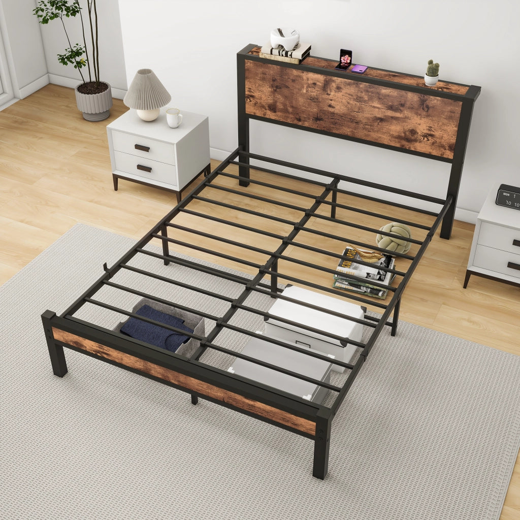 Letto per adulti 140 × 200 cm con testiera contenitore, senza materasso, in MDF e metallo, marrone antico