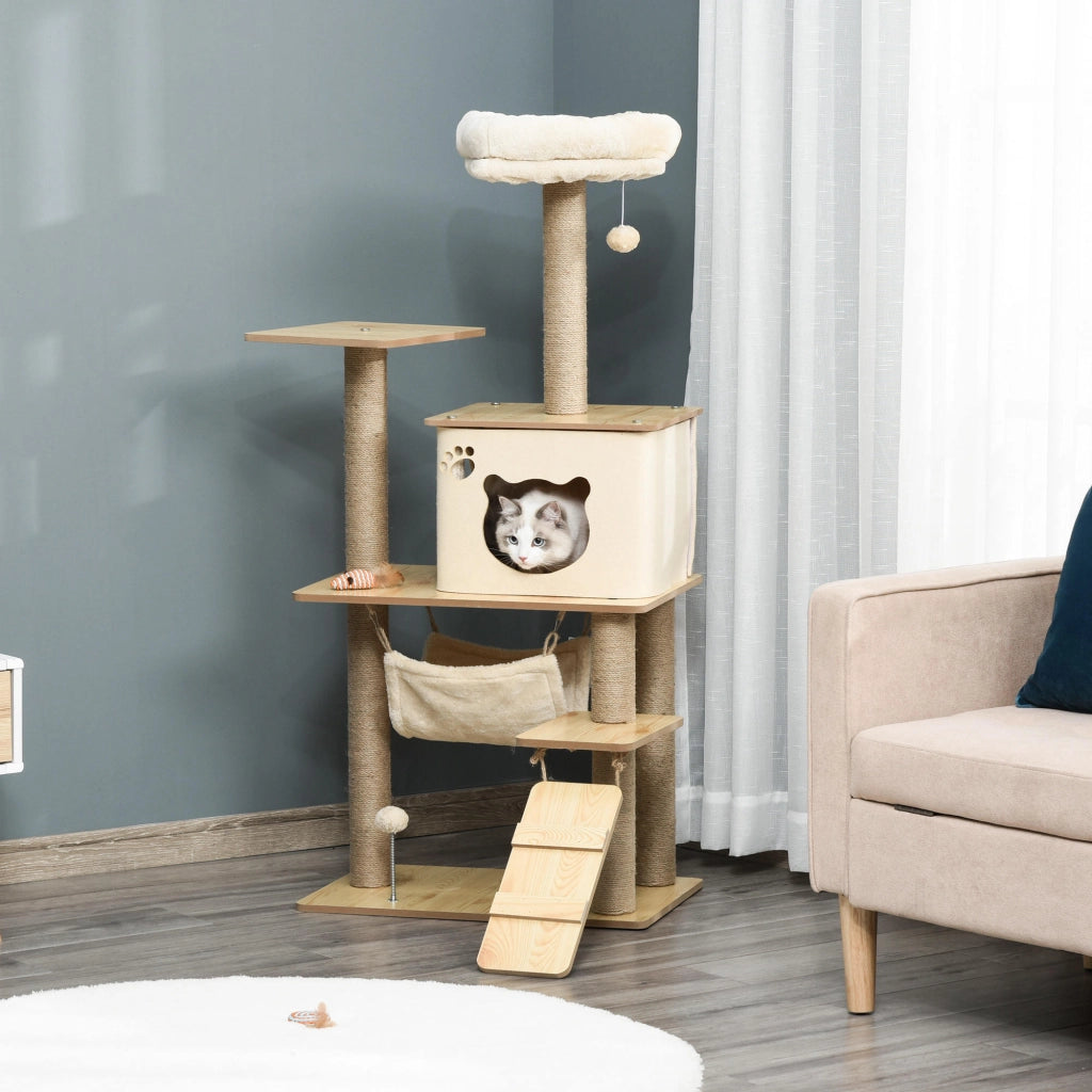 Albero tiragraffi per gatti con piattaforme, amaca e tana ¨C zephmum ¨C beige 130 cm