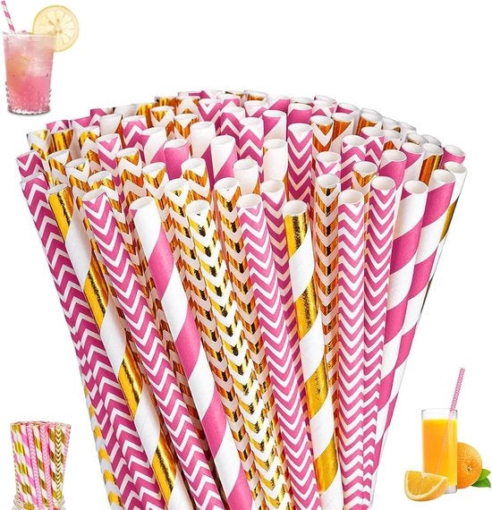 Papier riet 300 pezzi 197 cm biologico decomponibile - Per cocktail, bibite fredde, succhi di frutta - Colorato in rosa acceso e oro