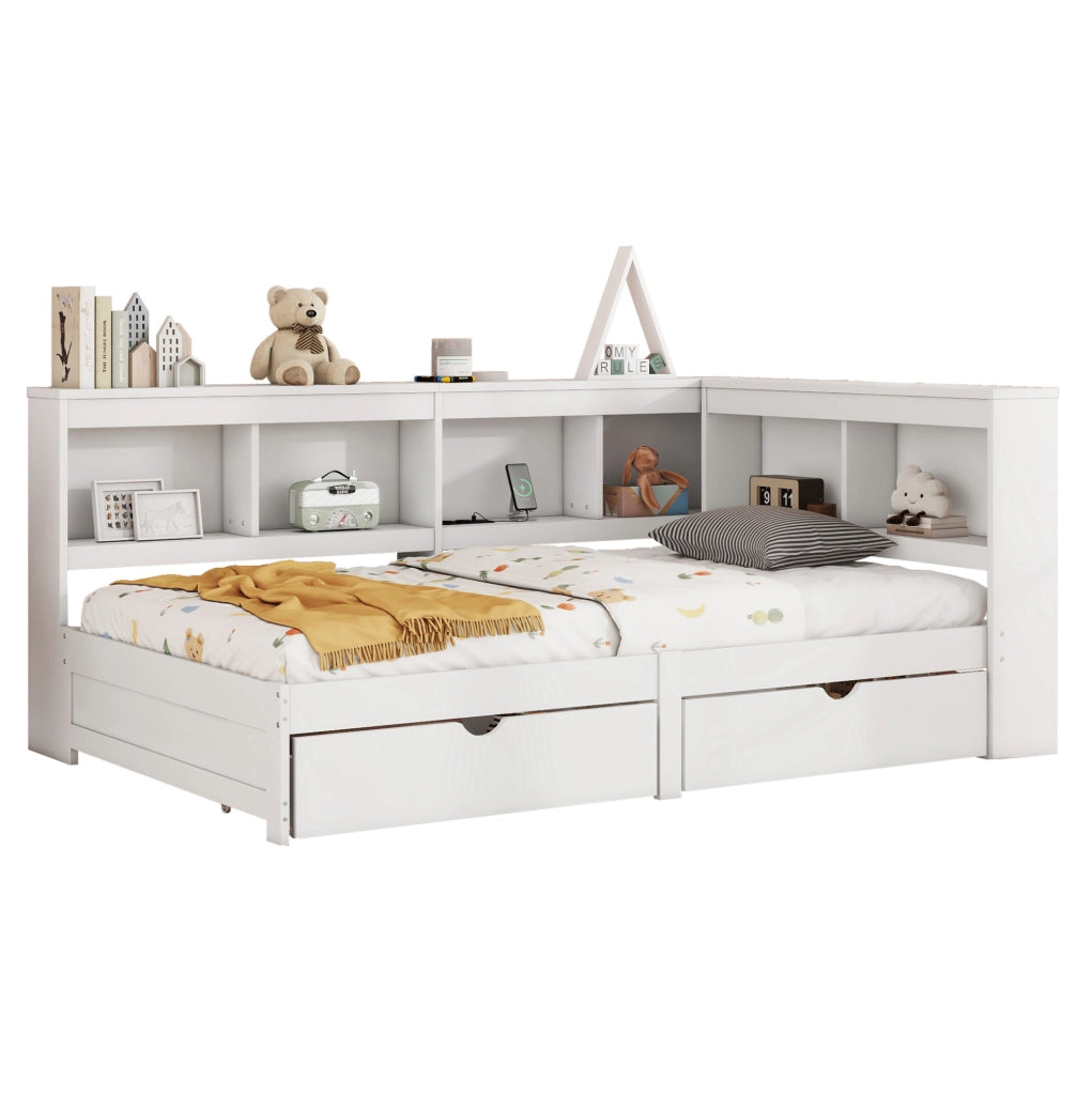 Divano letto 90x200 cm con 2 cassetti e prese USB; truciolare e MDF; bianco (Senza materasso)
