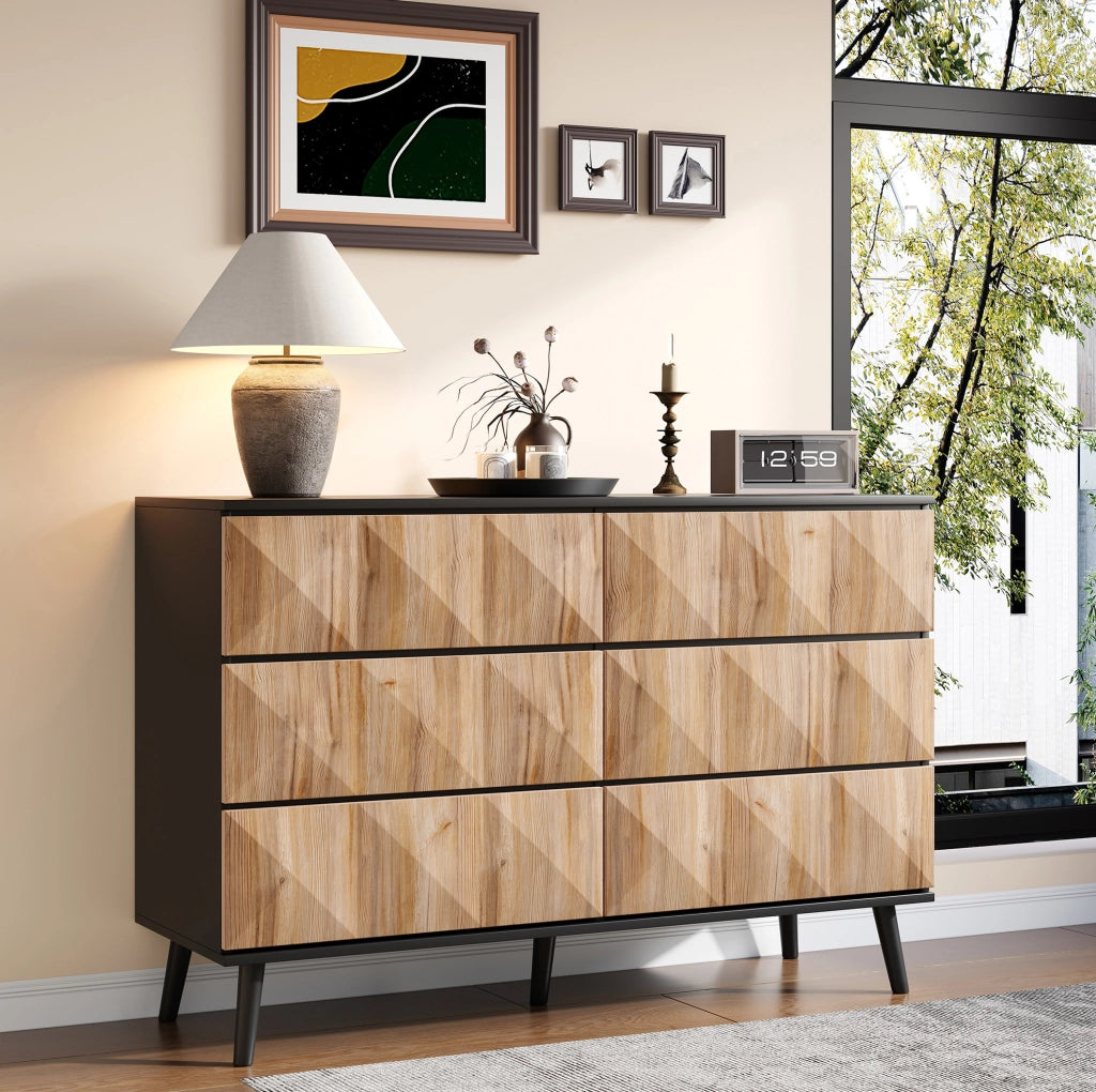 Credenza ULEVR 120x40x85 cm con 6 cassetti e frontali rialzati, nero e finitura legno