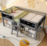 Letto semipiano 90x200 cm con scomparti portaoggetti; sponda di sicurezza e lavagna; in legno di pino e MDF; grigio