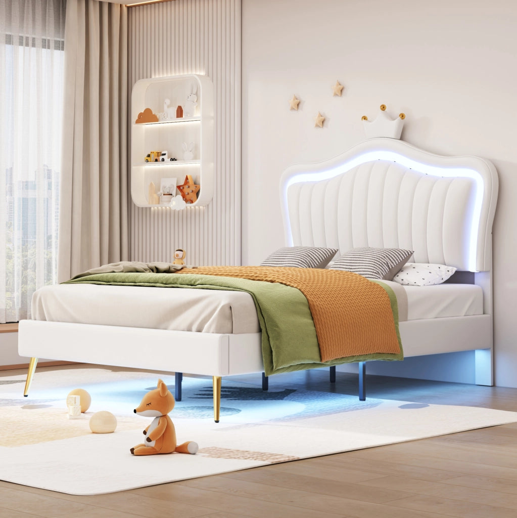 Letto imbottito per bambini 90x200 cm con corona, LED e similpelle bianca