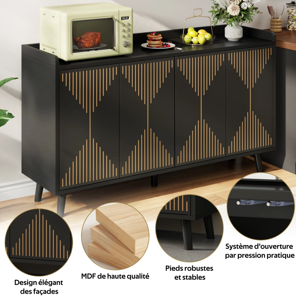 Credenza da cucina con 4 ante e ripiani regolabili 140 x 40 x 84 cm; in MDF nero