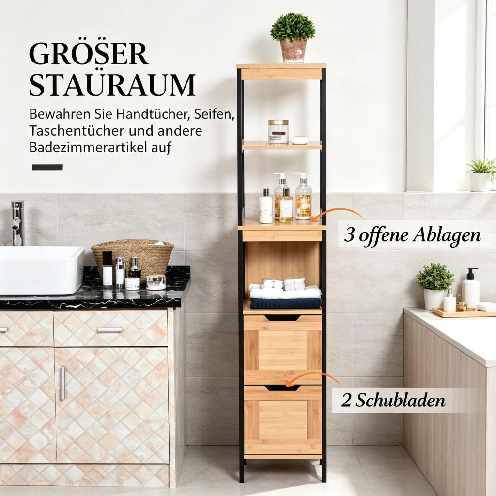 ARMADIO BAGNO alto 30x30x144,3 cm Bambù e MDF Nero/Naturale