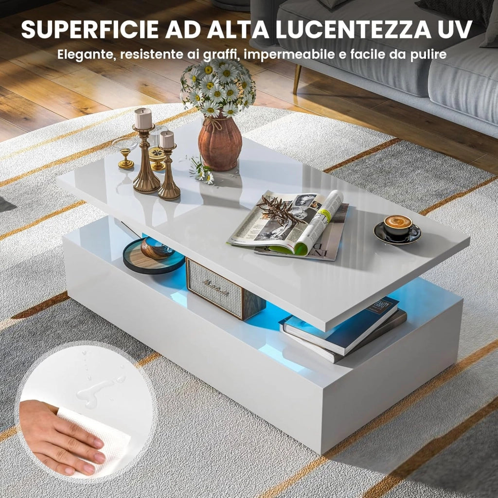 Tavolino da Caffè a LED a 2 Livelli con Colori della Luce Regolabili Velocità e Luminosità e Telecomando, Tavolo da Salotto Rettangolare e Moderno per Soggiorno e Ufficio (Bianco)