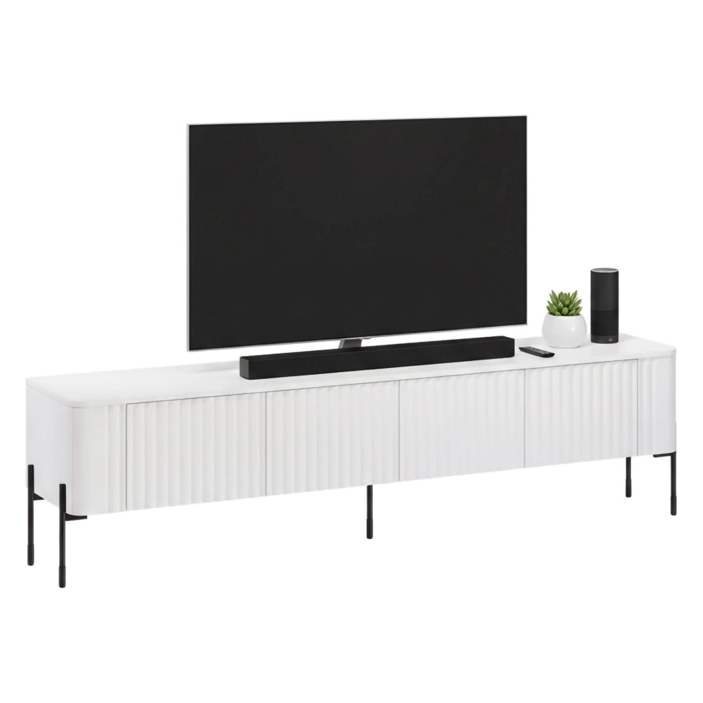 Mobile porta TV Brembana, Madia da salotto con quattro ante battenti, Rialzato da terra, 190x40 h50 cm, Bianco