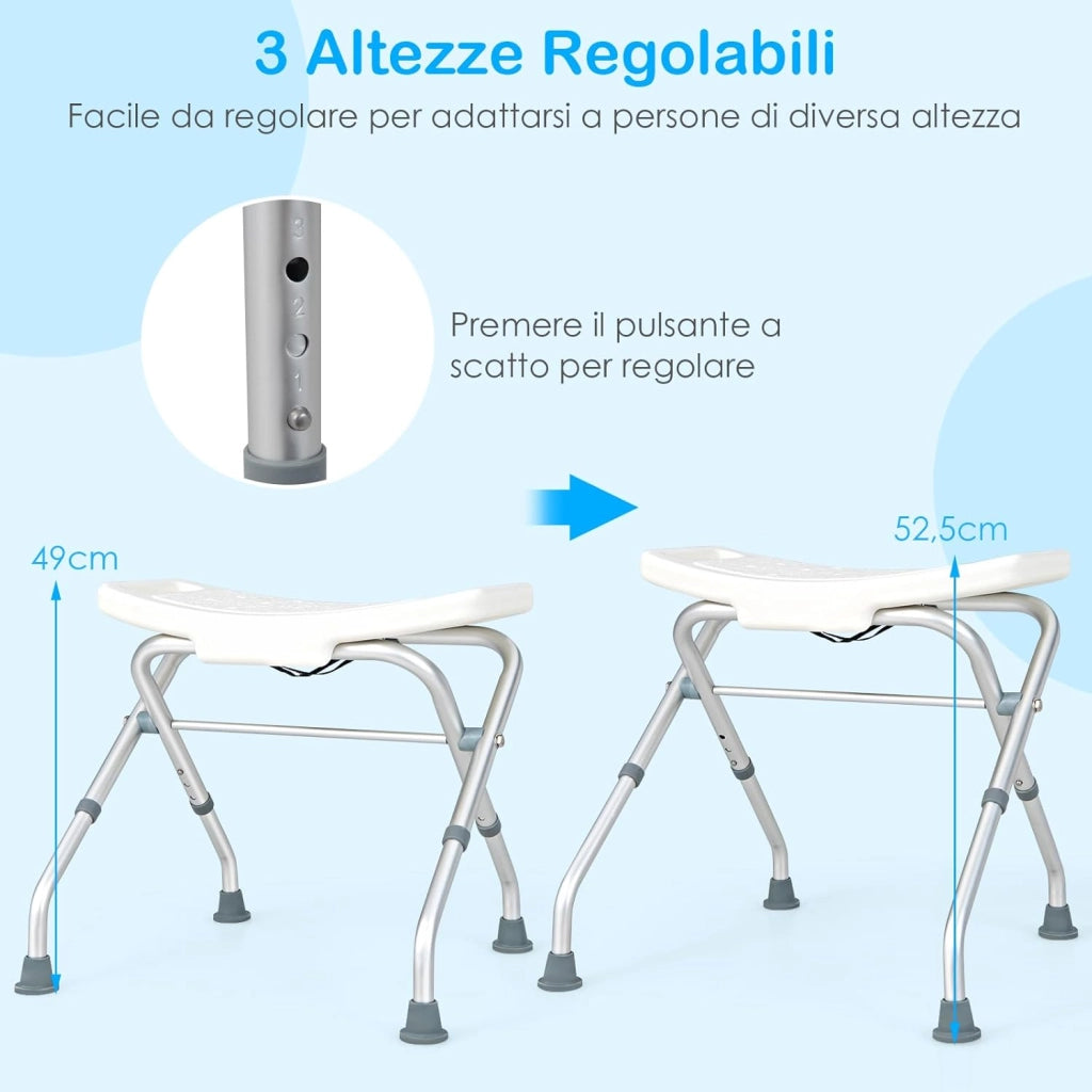 Sgabello per Doccia, Sedia per Doccia Regolabile in Altezza a 3 Livelli con Maniglie, Leggero, per Anziani e Persone a MobilitÃ  Ridotta, 53x50x52,5 cm, Portata 150 KG