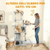 Albero Tiragraffi per Gatti con 2 Casette, Amaca, Tunnel, e Lettino, Pali in Sisal, 60x40x170 cm, Grigio