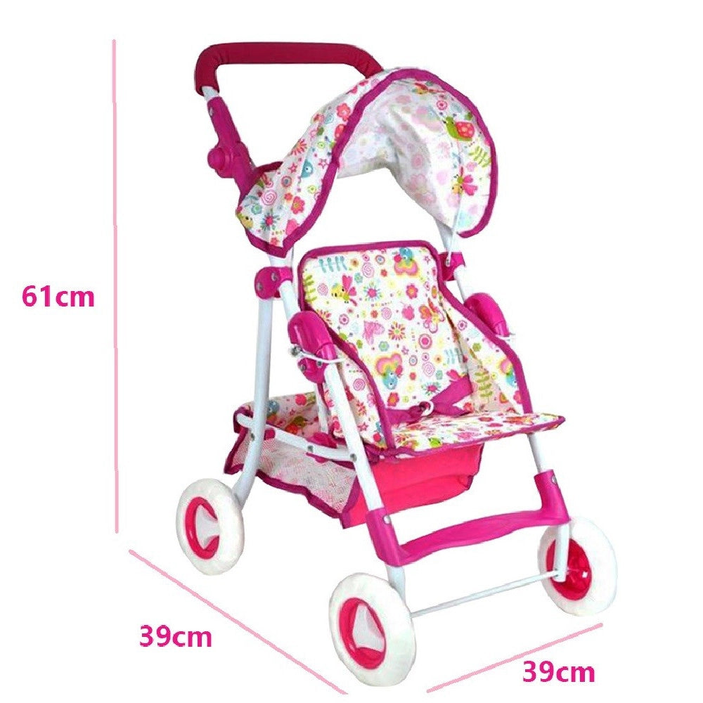 Trade Shop - Passeggino Giocattolo Per Bambola 60cm Rosa Carrozzino Metallo Richiudibile -