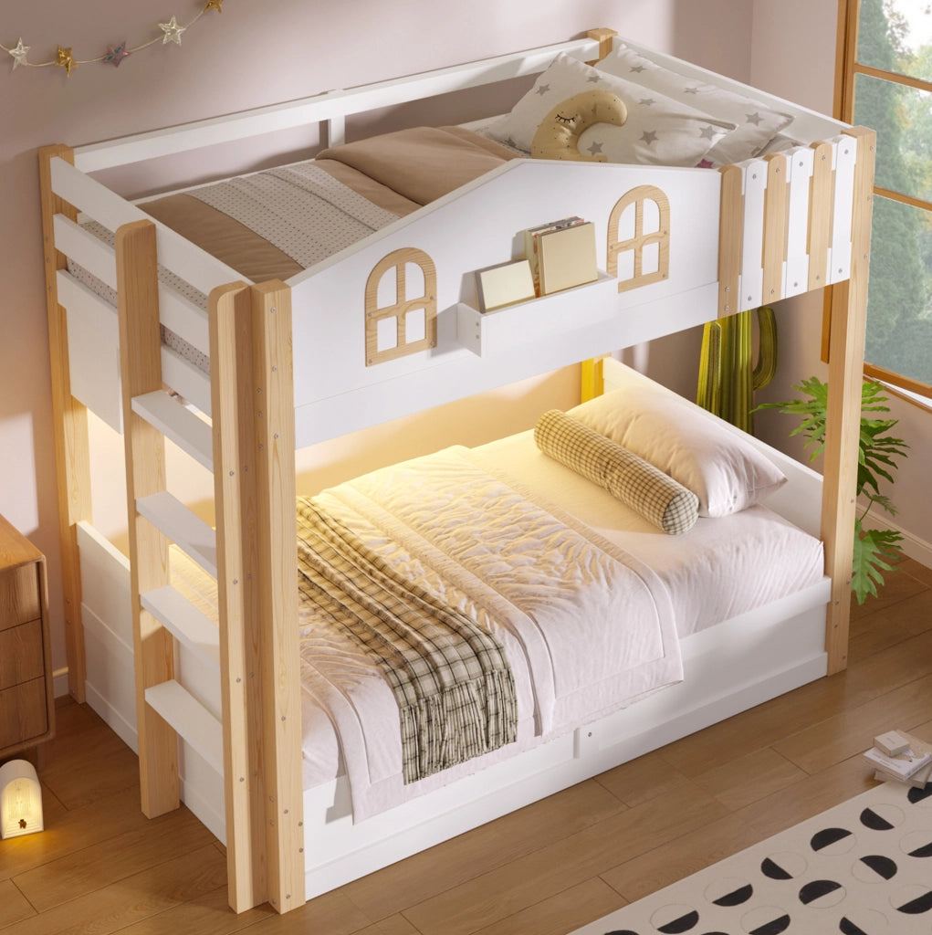 Letto a castello 90x200 cm a casetta con contenitore idraulico; LED; bianco e rovere