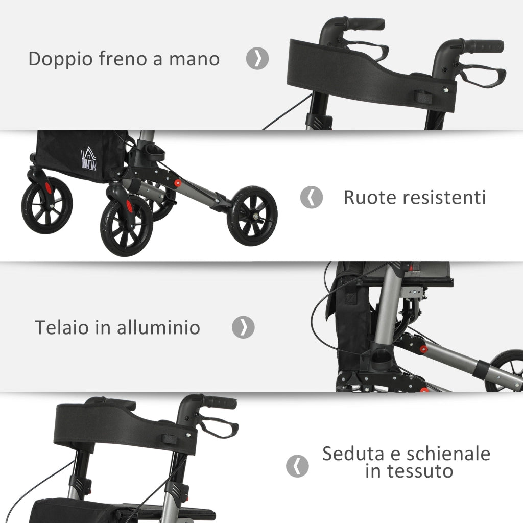 Deambulatore per Anziani e Disabili ad Altezza Regolabile 67x65x79.5-94 cm Pieghevole in Allumino Nero e Argento