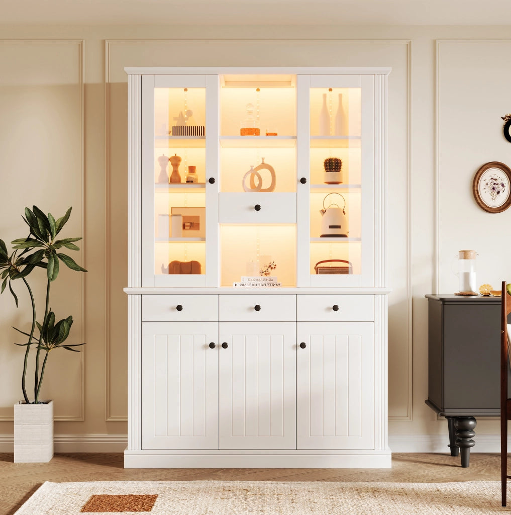 Vetrina alta con LED 119;5 x 40 x 180 cm in MDF e vetro temperato bianco