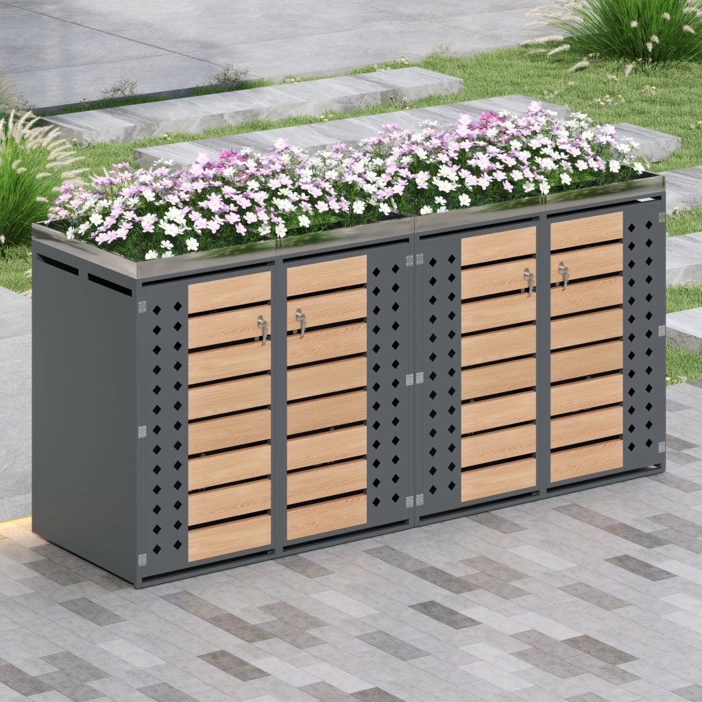 Box portabidoni a quattro scomparti con fioriera integrata in acciaio zincato grigio effetto legno con serrature