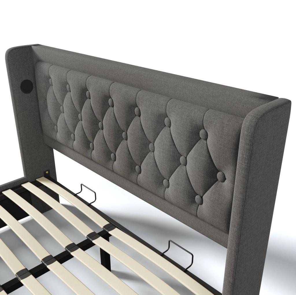 Letto matrimoniale contenitore 160x200 cm in cotone grigio con LED; USB e Type-C